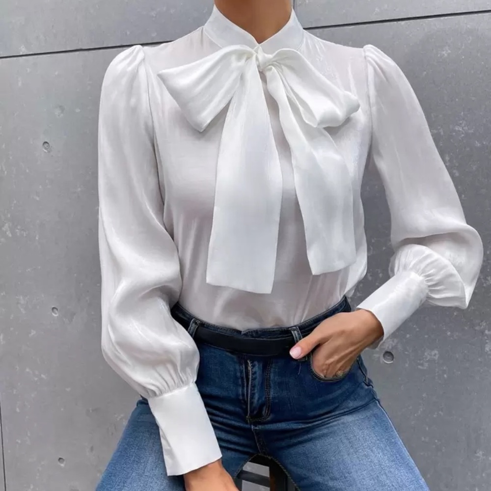 SHEIN White Tie Neck Blouse